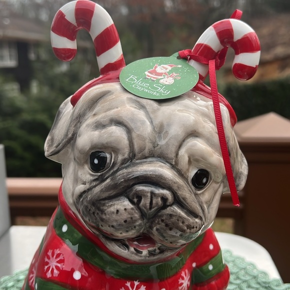 NWT Blue Sky Clayworks Christmas Pug wearing sweater & Candy-cane antlers. - Picture 7 of 8